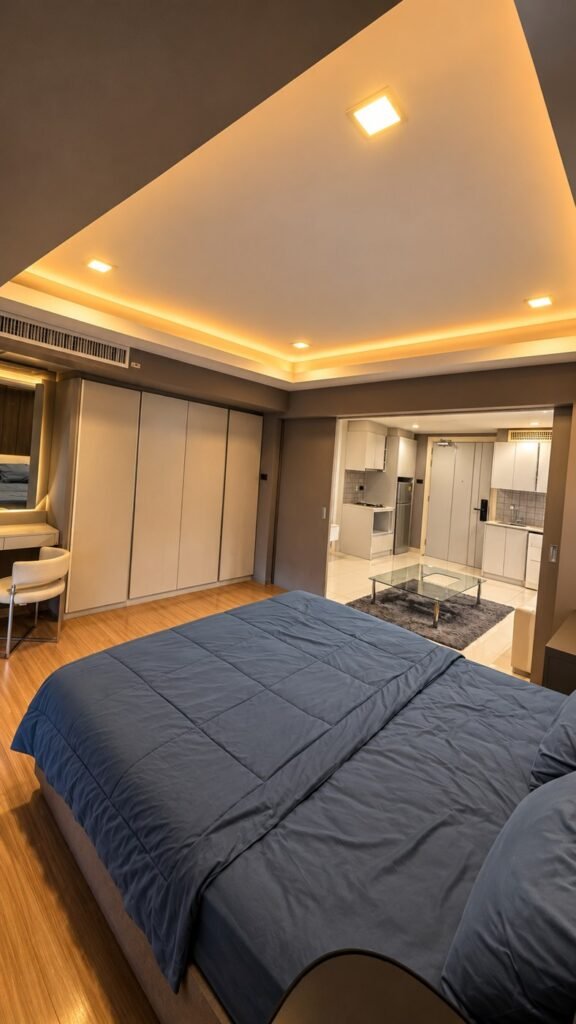 Dragon House apartment bedroom with its private kitchen and living area